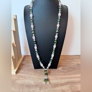 Rose Quartz & Art Glads Beaded Tassel Necklace Handmade Artisan Pink & Green
